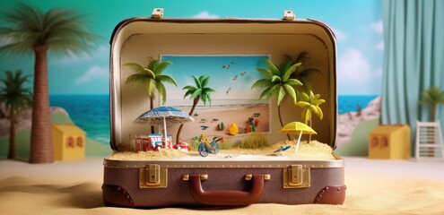 3D art open suitcase with beach scene. Illustration AI Generative.
