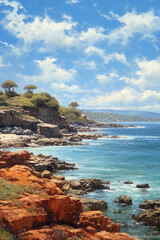 Fototapeta na wymiar a painting of a rocky shore and water, in the style of realistic blue skies. AI generative