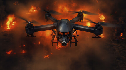Naklejka na ściany i meble Miltary drone flying over a burning city at night by generative AI