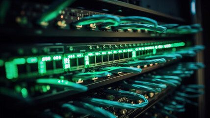 Fototapeta premium Data Center Server Hardware Equipment, Cloud computing data storage rack with flickering light indicators, network cables, close-up view. generative ai