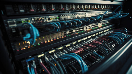 Data Center Server Hardware Equipment, Cloud computing data storage rack with flickering light indicators, network cables, close-up view. generative ai