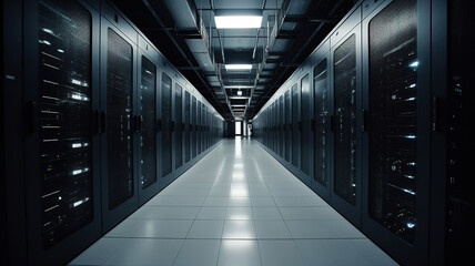 Fototapeta premium Data Center Server Room. Network Communication, Server Racks, and Telecommunication Equipment in a Cutting-Edge Technology Background. generative ai