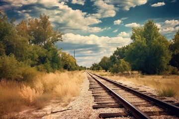 Obraz premium Railroad tracks in a forest landscape. Illustration AI Generative