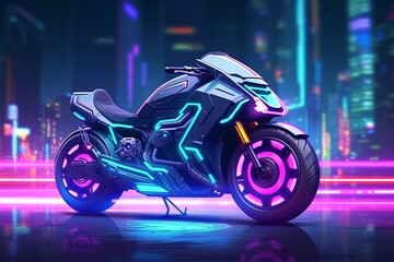 Modern and futuristic speed race motorcycle in cyberpunk neon city style. Generative ai