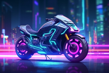 Modern and futuristic speed race motorcycle in cyberpunk neon city style. Generative ai