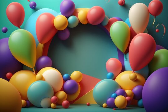 Birthday holiday background with balloons. Illustration AI Generative.