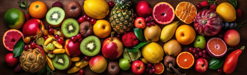 Naklejka na ściany i meble Tropical Fruits Colorful Assortment, Nutritious Feast for Healthy Eating and Dieting - Vibrant Ripe Fruits and Berries, Organic fruits background. Healthy eating concept, Top view. generative ai