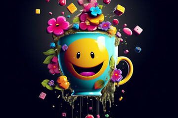 Happiness concept, smile emoji coffee cup with falling flowers