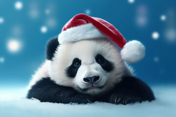 Adorable baby panda wearing Santa Claus hat