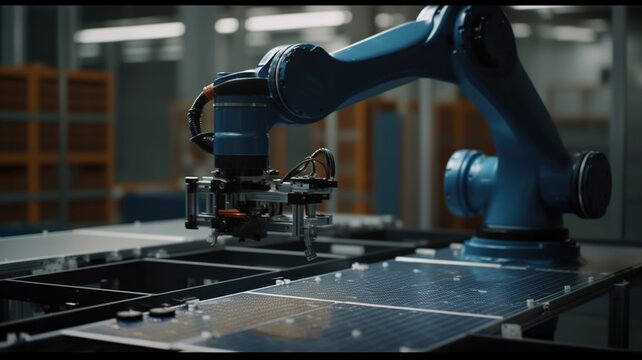 Industrial robot arm working at production line, Solar Power Panel Factory. Green energy. Power Electricity Energy Panels line production Conveyor. Automated Manufacturing Facility. generative ai