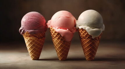 Assortment of ice cream in waffle cone with different fruits. Created with Generative AI technology.