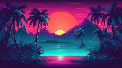 Fototapeta na wymiar Tropical Beach Neon Sunset Ocean Sea Shore with Palm Trees. Sun reflection in water. 1980s style Landscape. Retro Vaporwave vintage wallpaper background. generative ai