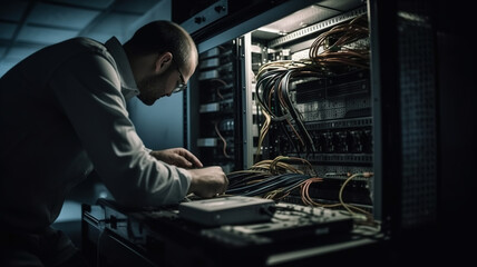 Technician Working at Data Center. Management Conducting System Servers Diagnostics and Maintenance in a High-Tech Environment. Digital Technology System Administrator. generative ai 