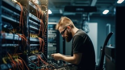 Technician Working at Data Center. Management Conducting System Servers Diagnostics and Maintenance in a High-Tech Environment. Digital Technology System Administrator. generative ai 