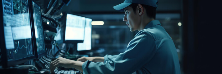 Technician Working at Data Center. Management Conducting System Servers Diagnostics and Maintenance in a High-Tech Environment. Digital Technology System administrator. generative ai 