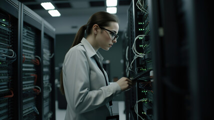 Female Technician Working at Data Center. Management Conducting System Servers Diagnostics and Maintenance in a High-Tech Environment. Digital Technology System Administrator. generative ai