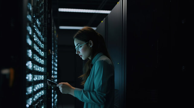 Female Technician Working At Data Center. Management Conducting System Servers Diagnostics And Maintenance In A High-Tech Environment. Digital Technology System Administrator. Generative Ai