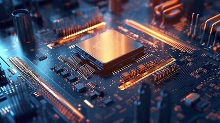 Quantum Power Unleashed: Microchip, circuit board with a CPU and other electronic components in the background. Generative AI