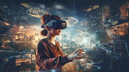 Virtual reality, virtual world, metaverse and the future of work and communication. Generative AI - obrazy, fototapety, plakaty