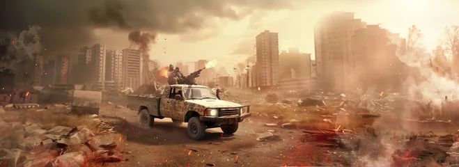 Foto op Plexiglas military pickup truck with machine gun and fighters shooting through middle east destruction environment as wide banner with copy space area - Generative AI © sizsus
