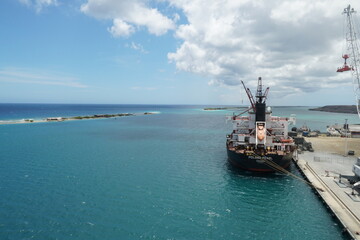 Barcadera port in Aruba island located in Caribbean Sea during summer time. There is moored one...