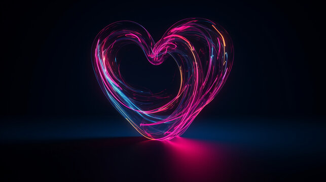 An image of a minimalist neon heart shape with bright pink and magenta tones against a clean navy blue background.