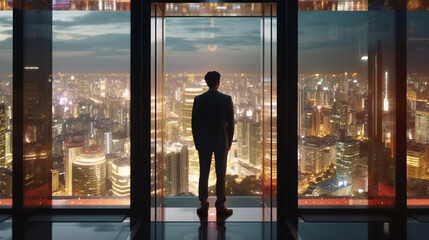 Fototapeta na wymiar A man in a suit looks at the city through glass walls. Generative AI