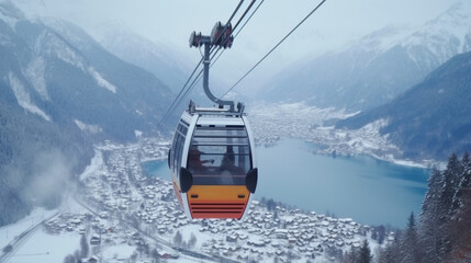 The cable car goes through the snowy mountains. Generative AI