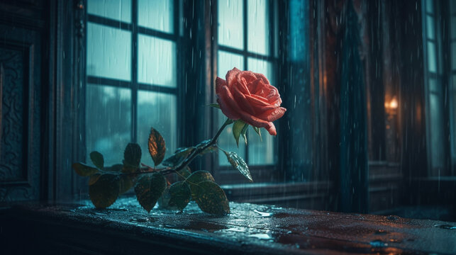Red rose at the window in the rain. Generative AI
