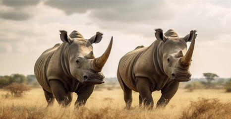Rhinoceros in the savannah. Generative AI