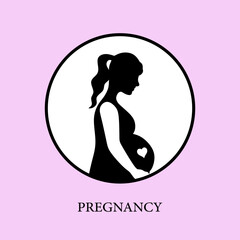 Pregnancy minimal icon. Vector illustration of pregnant woman in minimal style on pink background. Black and white icon, sign or logo. Vector