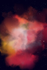 A fantastic cartoon nebula in space. Luminous clouds of gas nebula in red, white and yellow colors. Cosmic illustration.