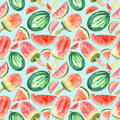 Watercolor painted watermelons isolated seamless pattern. Sliced fruit with ice cream and seeds. Juicy healthy fruit pattern.
