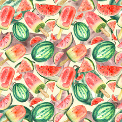 Watercolor painted watermelons isolated seamless pattern. Sliced fruit with ice cream and seeds. Juicy healthy fruit pattern.