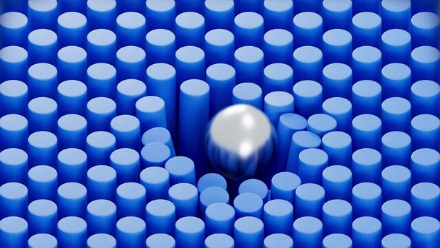 Abstract 3d animation render. Silver soft ball hits knocks down the plastic rubber cylinders objects. Motion design graphics for backgrounds texture. Funny isometric mograph physics simulation effect