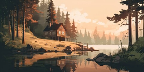 Tranquil Yoga and Mindfulness Landscape: Rustic Wooden Cabin, Calm River, and Towering Pine Trees  Generative AI Digital Illustration Part#070623 