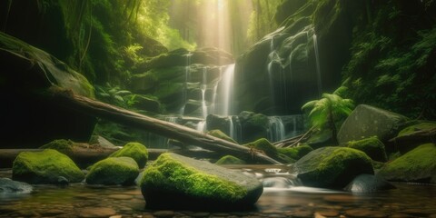 Gentle Waterfall, Moss-Covered Rocks, and Canopy of Lush Greenery  Generative AI Digital Illustration Part#070623 