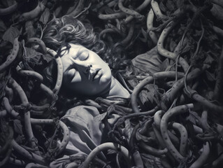 An AI-Generated stylized representation of insomnia, a 3d-generated woman, depicting the restless mind on sleepless nights. Turbulent emotions and racing thoughts. Sleep disorders. Troubled sleep. 