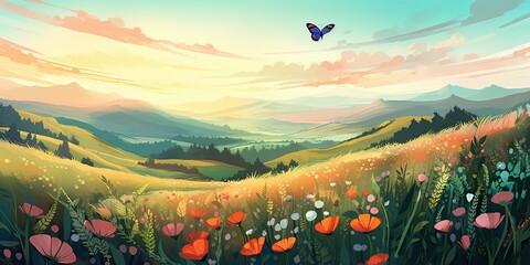 Vibrant Wildflower Meadow, Sun-Kissed Hills, and Butterflies Fluttering in the Air  Generative AI Digital Illustration Part#070623 