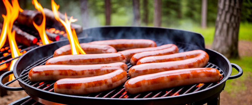Cooking sausages on a grill over a flame with smoke close-up. The concept of a picnic with a barbecue on a fire in the nature in the forest. Generative AI.
