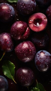 Fresh Organic Plum Fruit Photorealistic Vertical Background. Healthy Vegetarian Diet. Ai Generated Lifelike Background with Delicious Juicy Plum Fruit. Generative AI