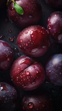 Fresh Organic Plum Fruit Photorealistic Vertical Background. Healthy Vegetarian Diet. Ai Generated Lifelike Background with Delicious Juicy Plum Fruit. Generative AI