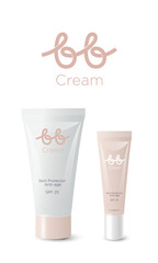 BB cream. B and B monogram like loops. Branding on cosmetics tubes. Template of tubes.