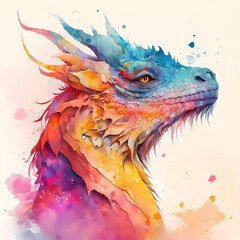 Beautiful coloreful dragon head. Fantasy animals watercolor illustration. Created with Generative AI technology.