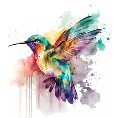 Watercolor colorful hummingbird colorful painting. Realistic tropical bird illustration. Created with Generative AI technology.