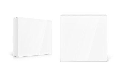 Realistic cardboard box mockup set. Vector illustration isolated on white background. Front and half side view. Can be use for food, cosmetic, pharmacy, sport and etc. Ready for your design. EPS10.