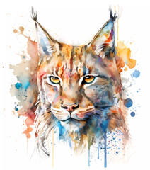 Watercolor lynx cat portrait, colorful painting. Realistic pet, animal illustration. Created with Generative AI technology.