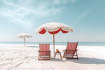Fototapeta premium Lounge Chairs and Umbrella on Sunny Sandy Beach. Generative ai