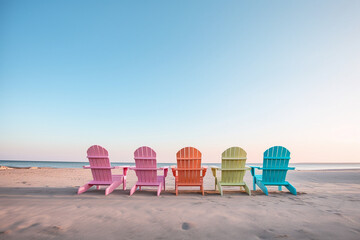Multi Colored Adirondack chairs Lined Up in Front of Ocean on Sandy Beach. Generative ai