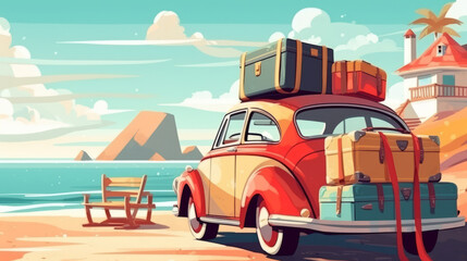 Car with luggage ready for summer holidays. Created with Generative AI technology.